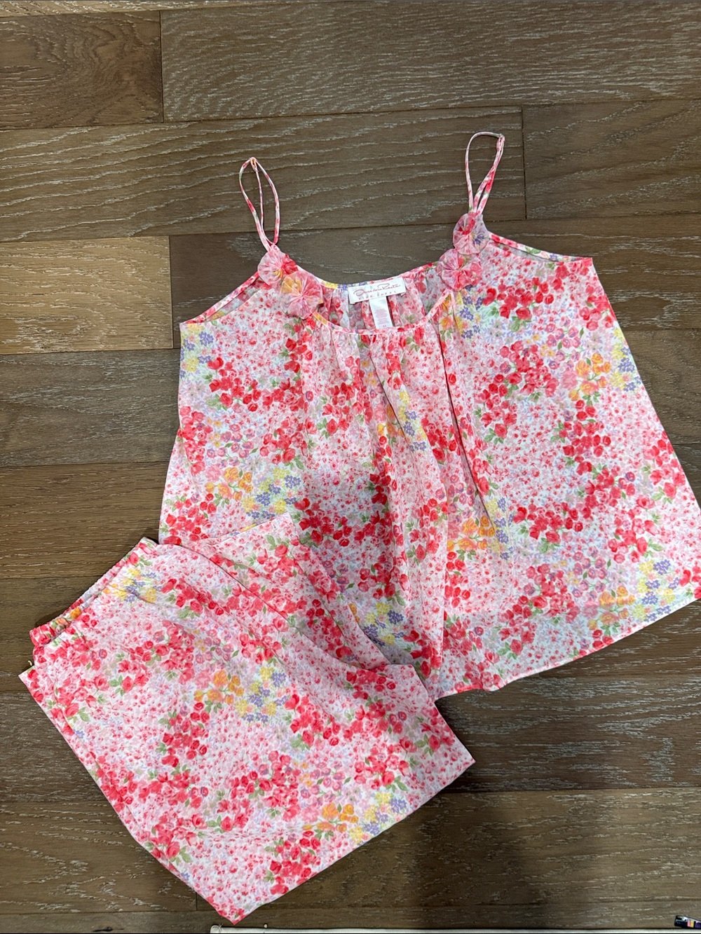 Oscar de la Renta Pink Floral Chiffon Tank with Rosette Details